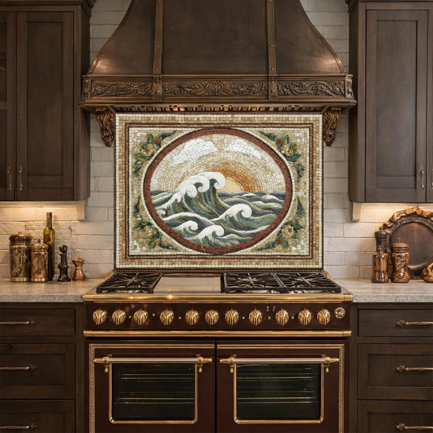 Ocean Wave Tempered Glass Backsplash, Coastal Mosaic Kitchen Stove Panel
