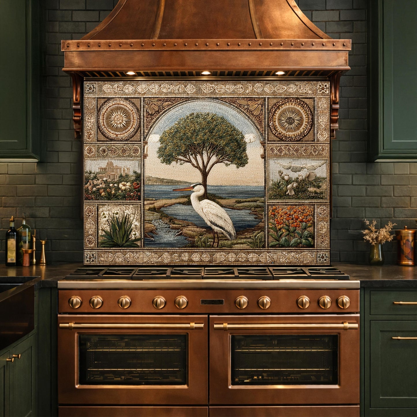 Heron Mosaic Tempered Glass Kitchen Backsplash, Mediterranean Stove Decor
