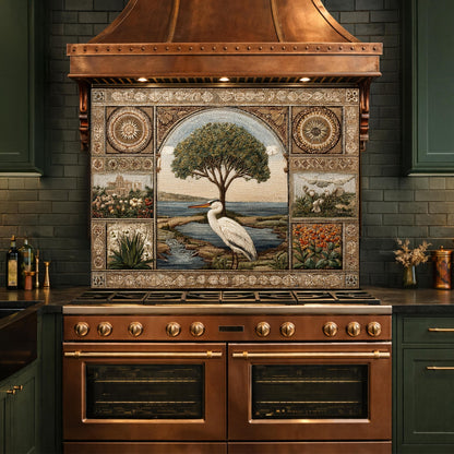 Heron Mosaic Tempered Glass Kitchen Backsplash, Mediterranean Stove Decor