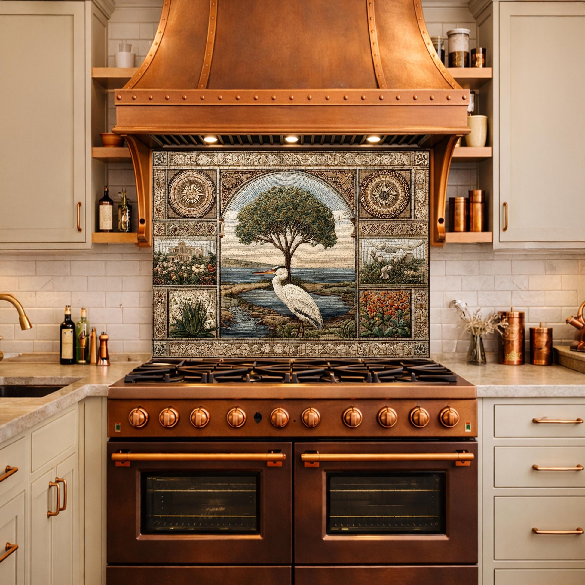 Heron Mosaic Tempered Glass Kitchen Backsplash, Mediterranean Stove Decor