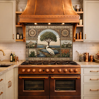 Heron Mosaic Tempered Glass Kitchen Backsplash, Mediterranean Stove Decor