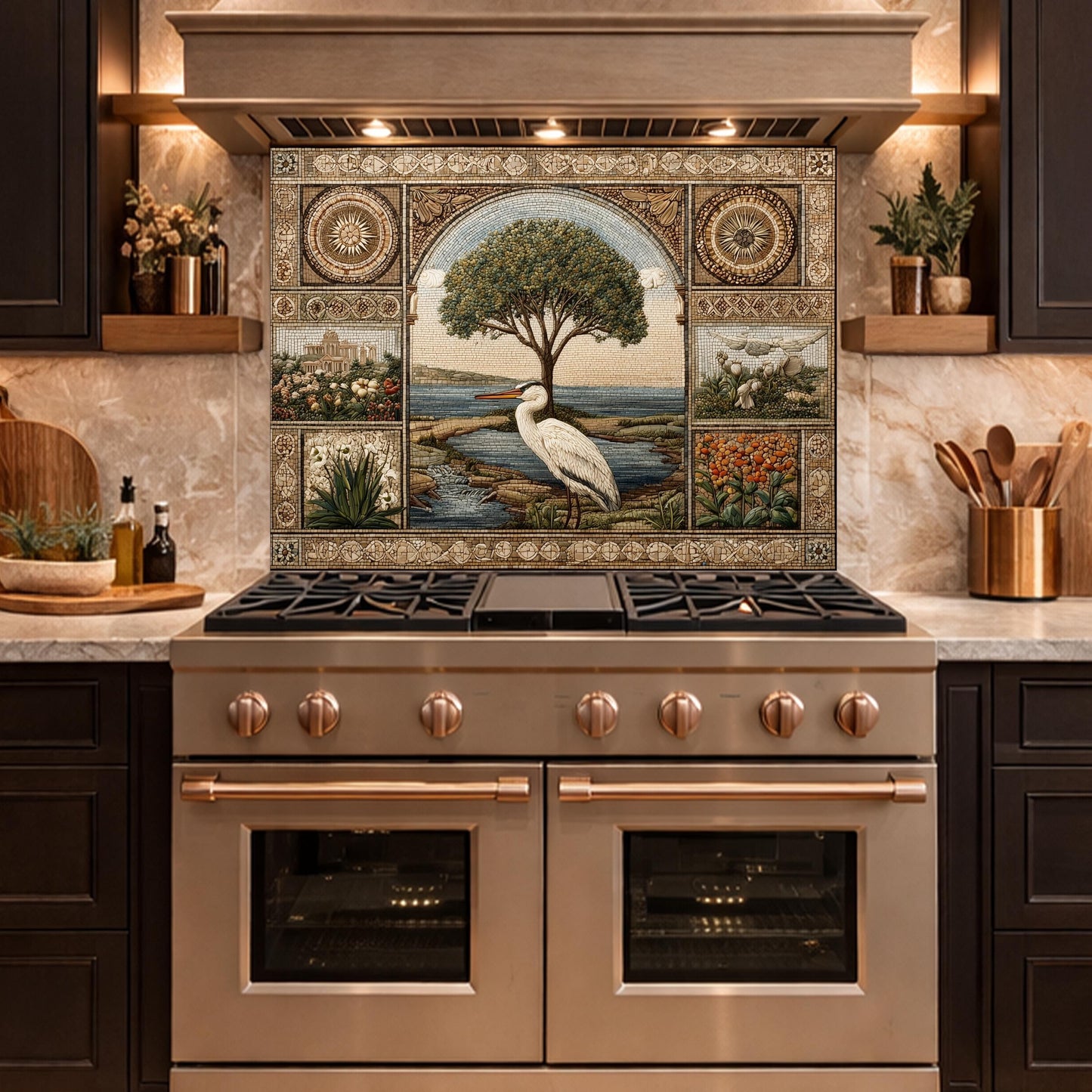 Heron Mosaic Tempered Glass Kitchen Backsplash, Mediterranean Stove Decor
