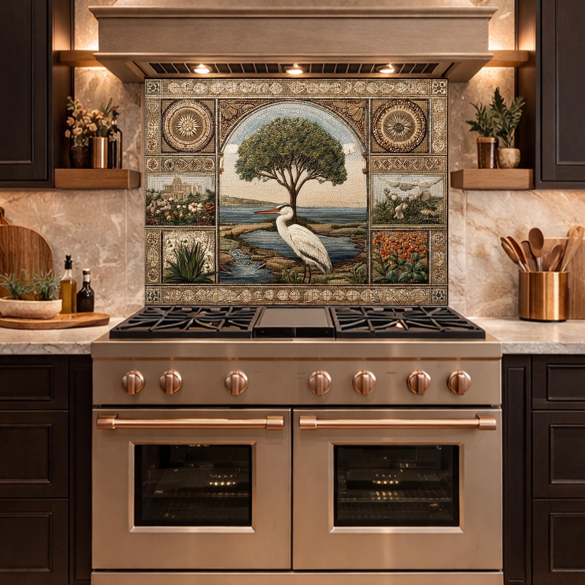 Heron Mosaic Tempered Glass Kitchen Backsplash, Mediterranean Stove Decor