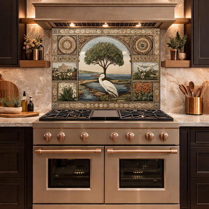 Heron Mosaic Tempered Glass Kitchen Backsplash, Mediterranean Stove Decor
