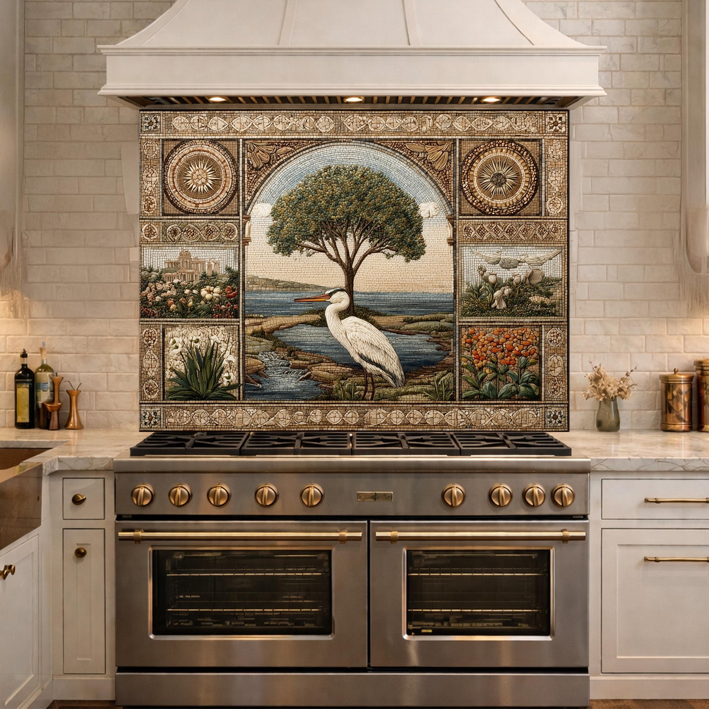 Heron Mosaic Tempered Glass Kitchen Backsplash, Mediterranean Stove Decor