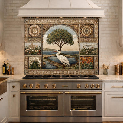 Heron Mosaic Tempered Glass Kitchen Backsplash, Mediterranean Stove Decor