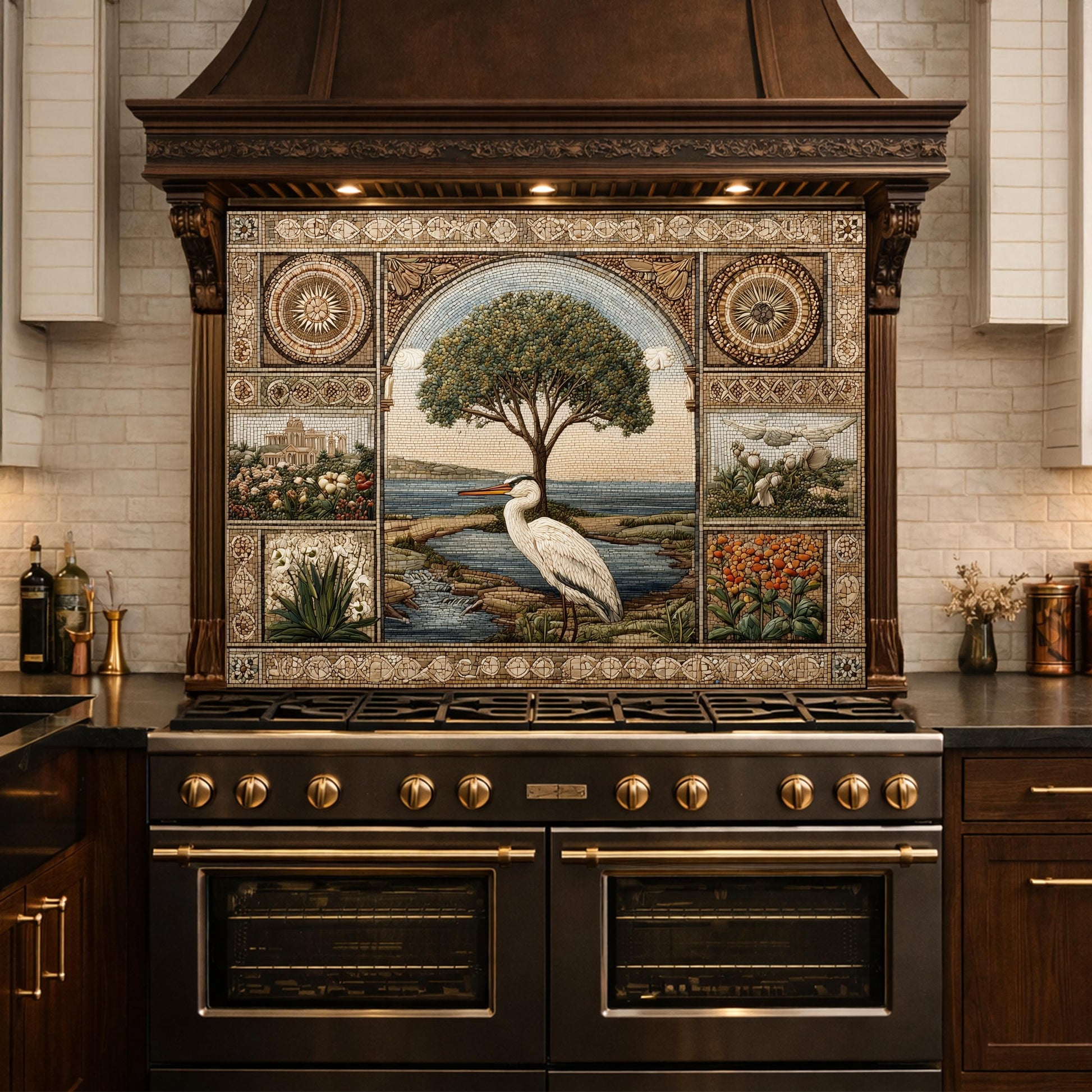 Heron Mosaic Tempered Glass Kitchen Backsplash, Mediterranean Stove Decor