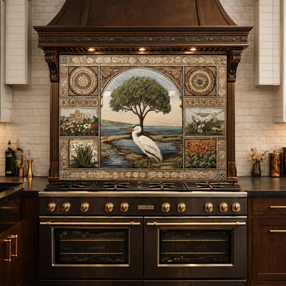Heron Mosaic Tempered Glass Kitchen Backsplash, Mediterranean Stove Decor