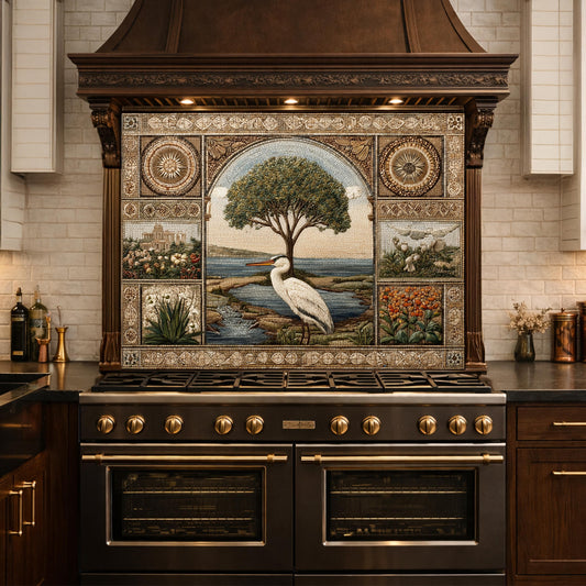 Heron Mosaic Tempered Glass Kitchen Backsplash, Mediterranean Stove Decor