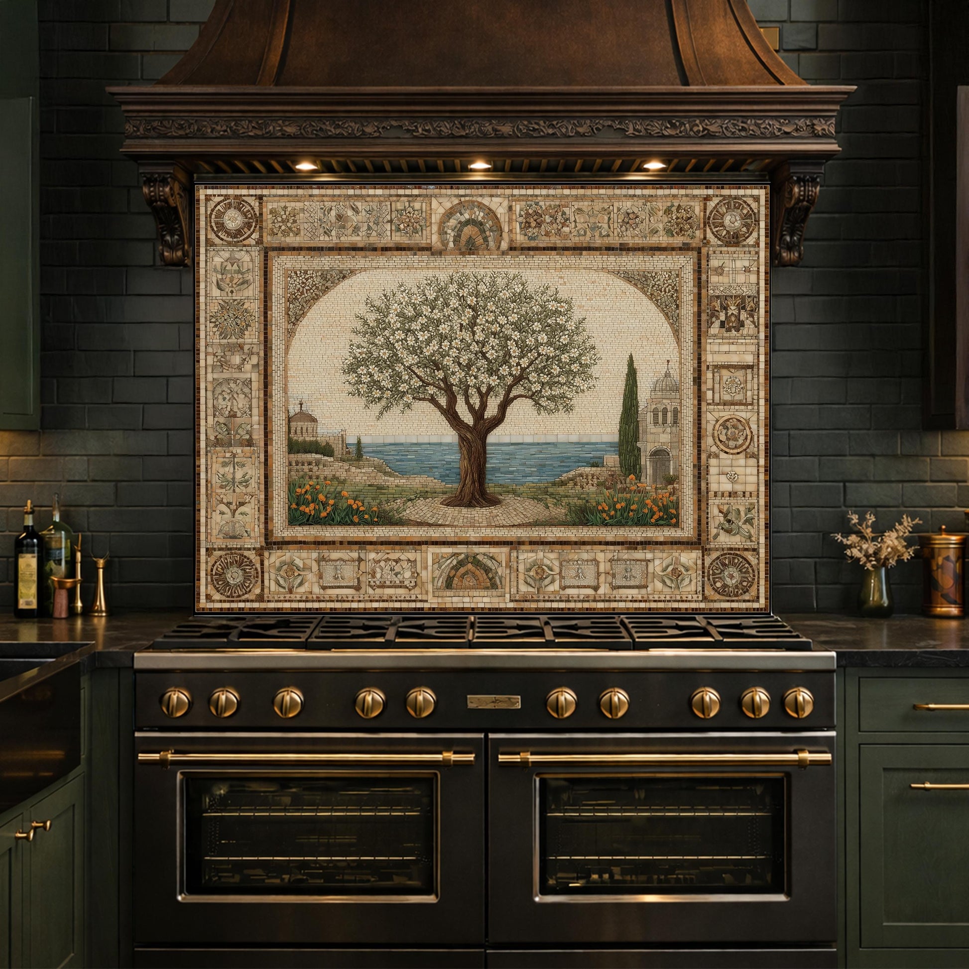 Tempered Glass Tree of Life Mosaic Kitchen Backsplash, Mediterranean Stove Decor
