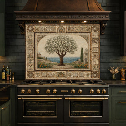 Tempered Glass Tree of Life Mosaic Kitchen Backsplash, Mediterranean Stove Decor