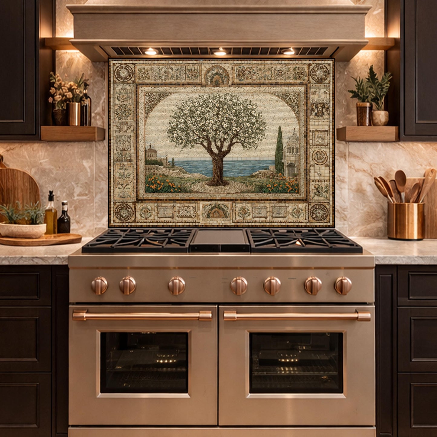 Tempered Glass Tree of Life Mosaic Kitchen Backsplash, Mediterranean Stove Decor