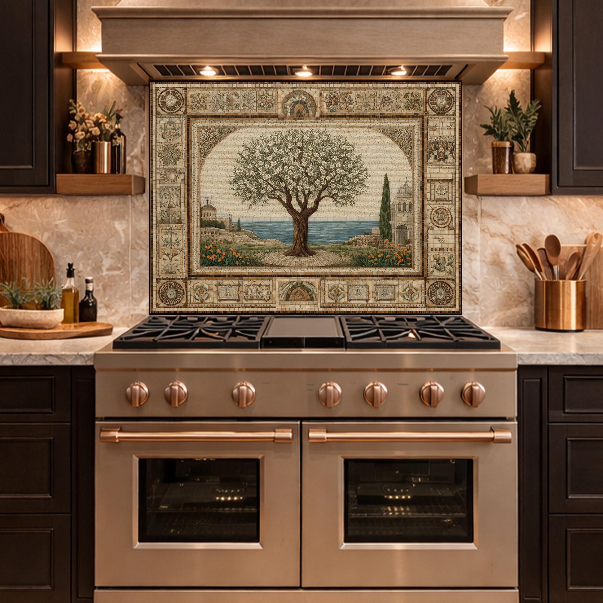 Tempered Glass Tree of Life Mosaic Kitchen Backsplash, Mediterranean Stove Decor
