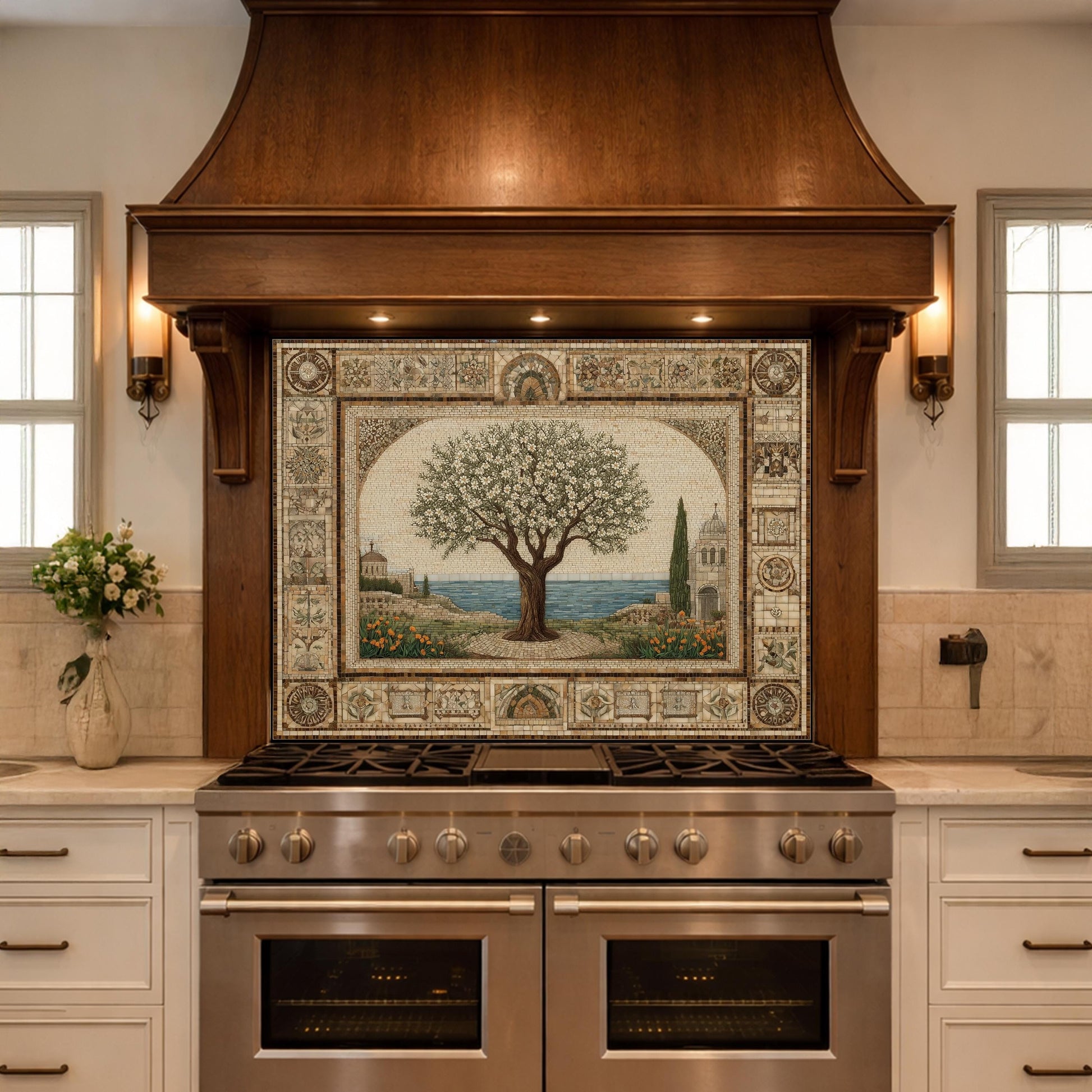Tempered Glass Tree of Life Mosaic Kitchen Backsplash, Mediterranean Stove Decor
