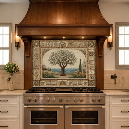 Tempered Glass Tree of Life Mosaic Kitchen Backsplash, Mediterranean Stove Decor