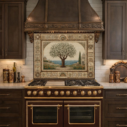 Tempered Glass Tree of Life Mosaic Kitchen Backsplash, Mediterranean Stove Decor
