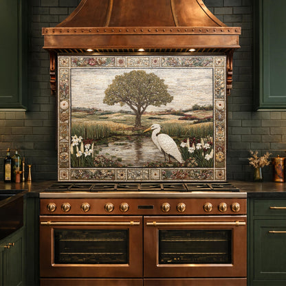 Heron Landscape Tempered Glass Backsplash, Rustic Nature Kitchen Decor, Stove Panel