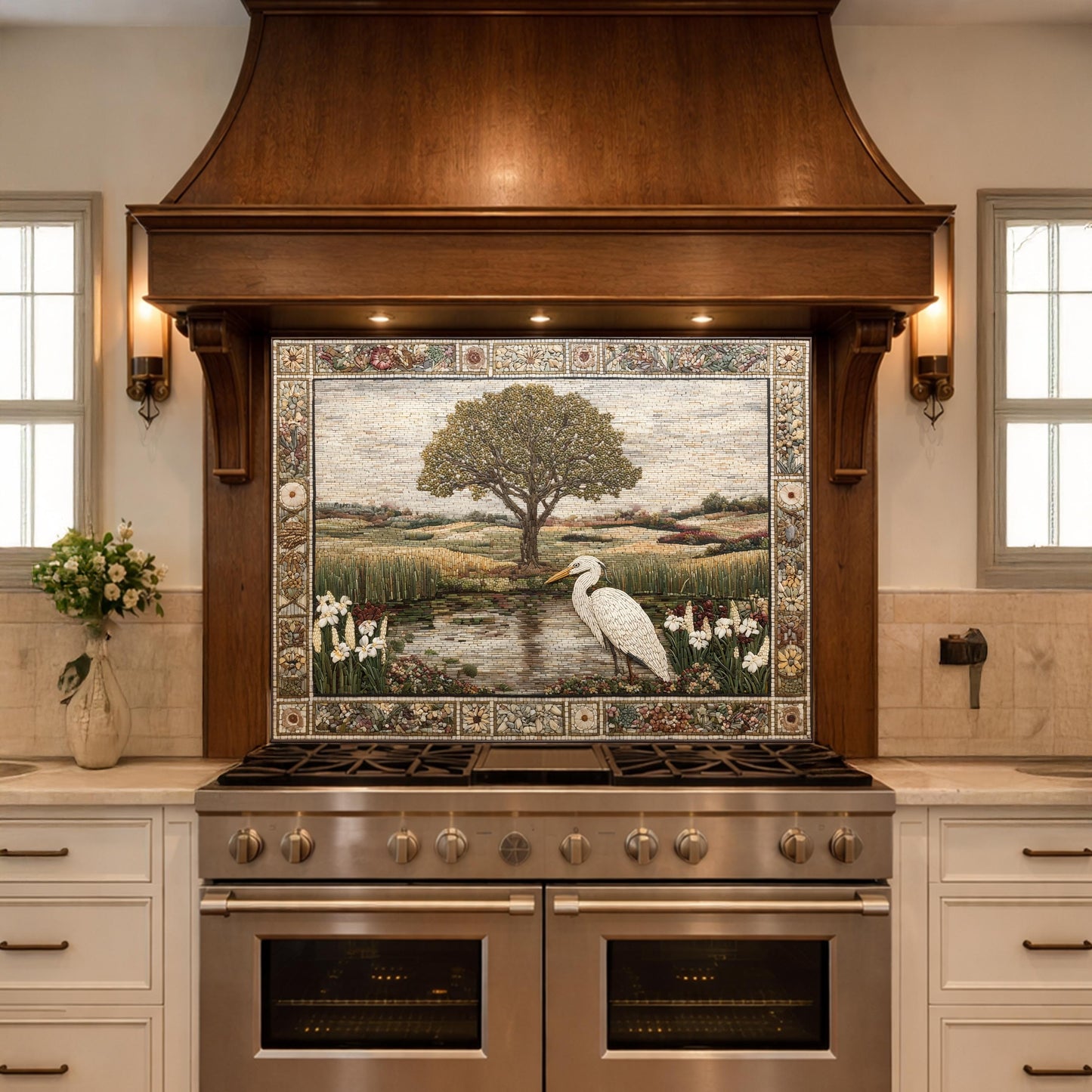 Heron Landscape Tempered Glass Backsplash, Rustic Nature Kitchen Decor, Stove Panel