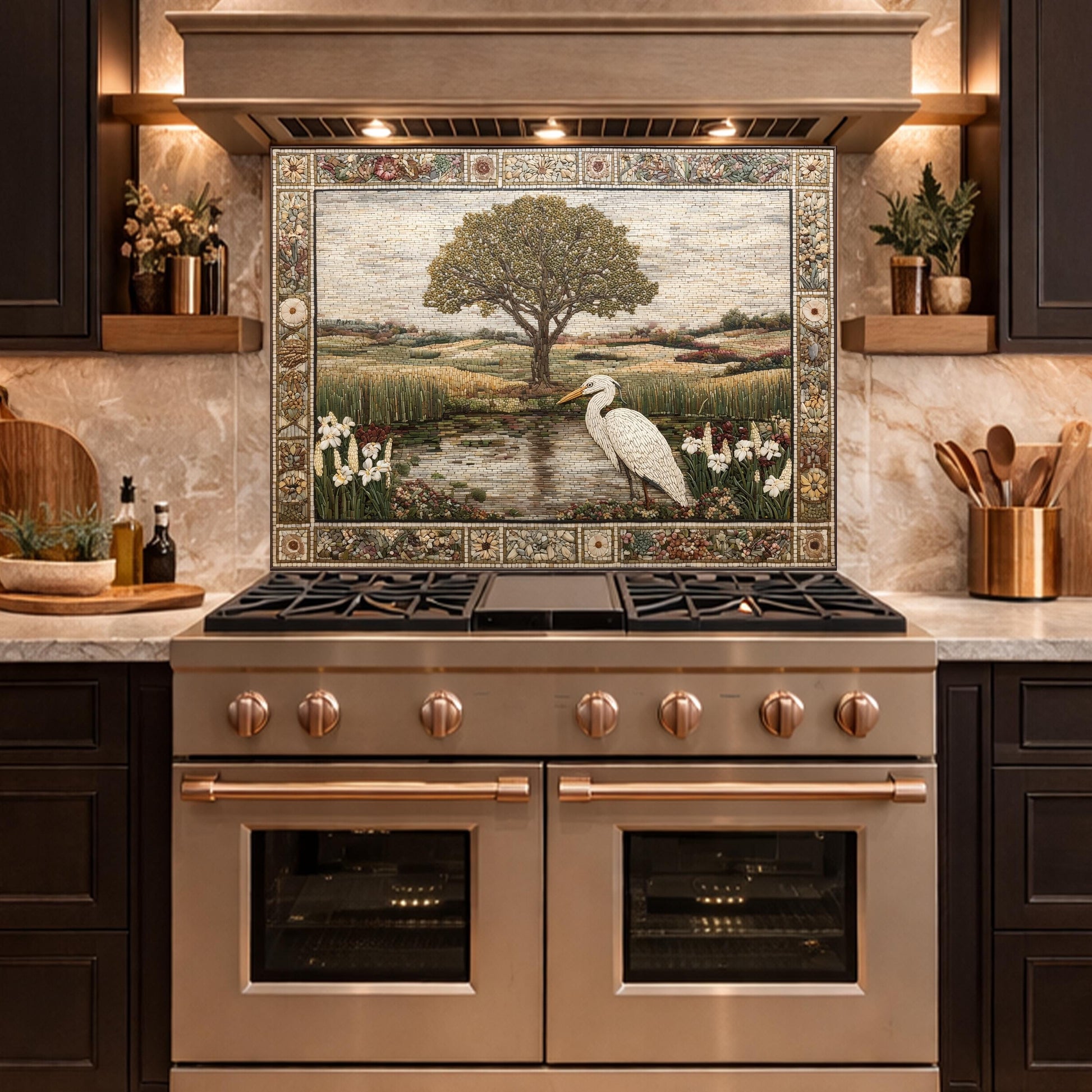 Heron Landscape Tempered Glass Backsplash, Rustic Nature Kitchen Decor, Stove Panel