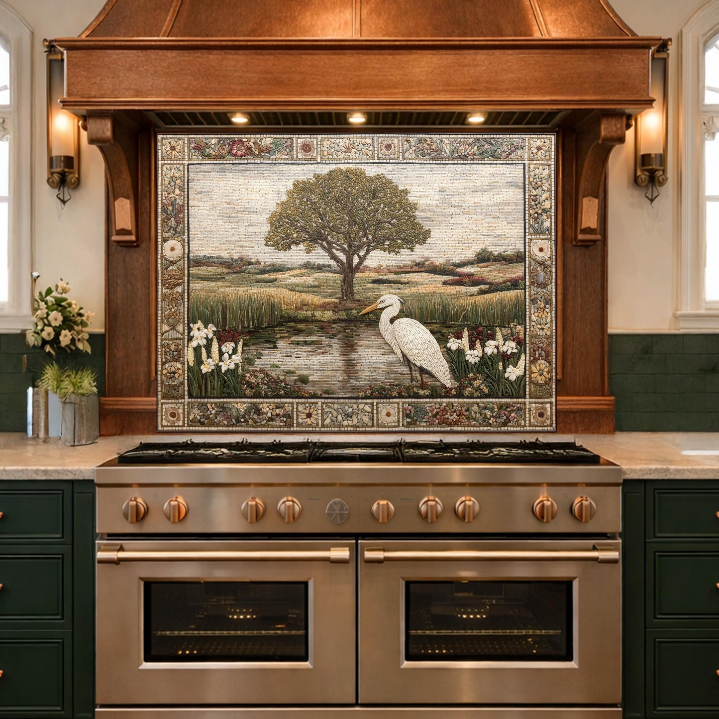 Heron Landscape Tempered Glass Backsplash, Rustic Nature Kitchen Decor, Stove Panel