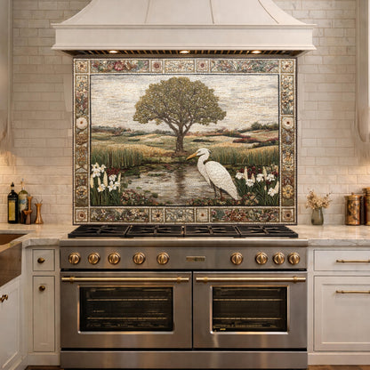 Heron Landscape Tempered Glass Backsplash, Rustic Nature Kitchen Decor, Stove Panel