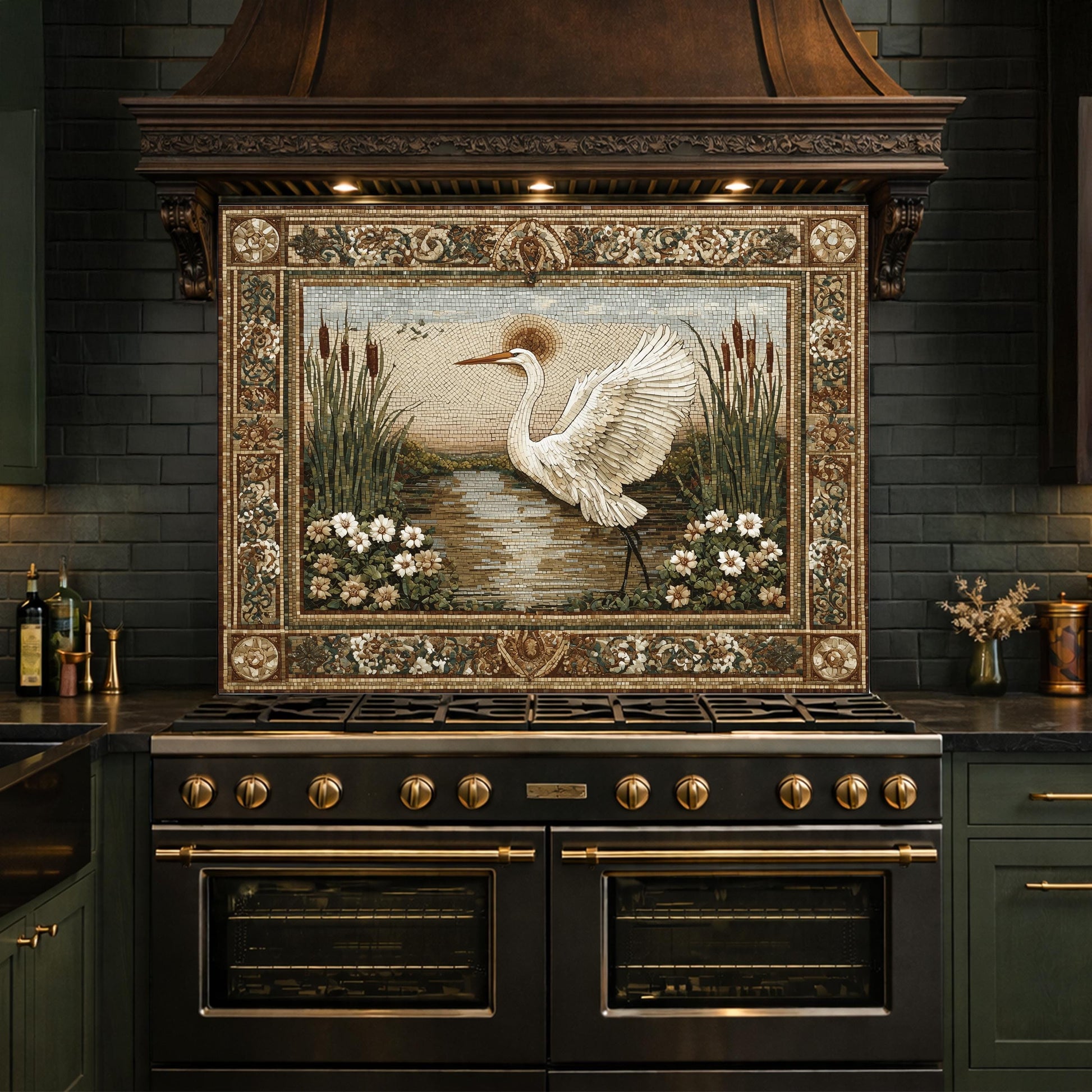 Heron Mosaic Tempered Glass Kitchen Backsplash, Nature Wildlife Decor