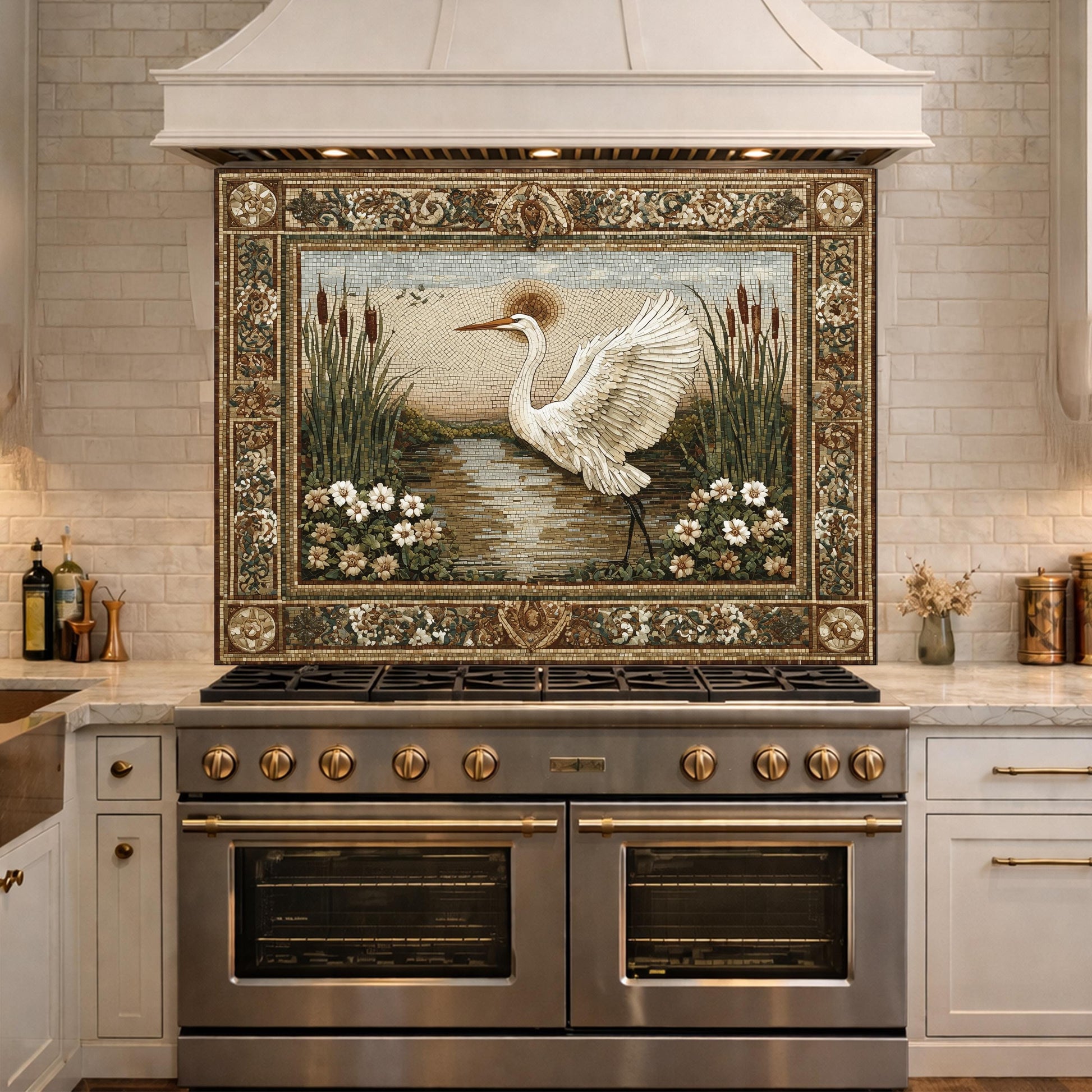 Heron Mosaic Tempered Glass Kitchen Backsplash, Nature Wildlife Decor