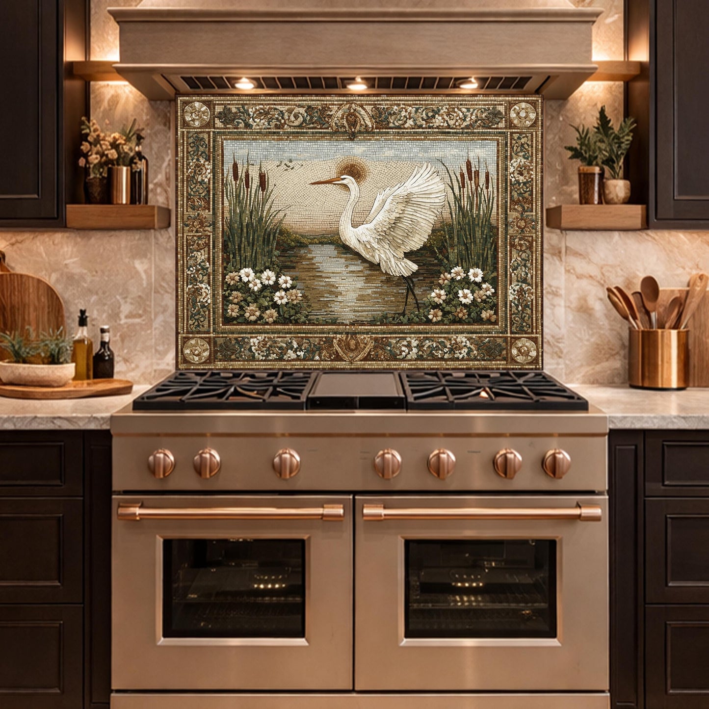 Heron Mosaic Tempered Glass Kitchen Backsplash, Nature Wildlife Decor