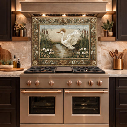 Heron Mosaic Tempered Glass Kitchen Backsplash, Nature Wildlife Decor