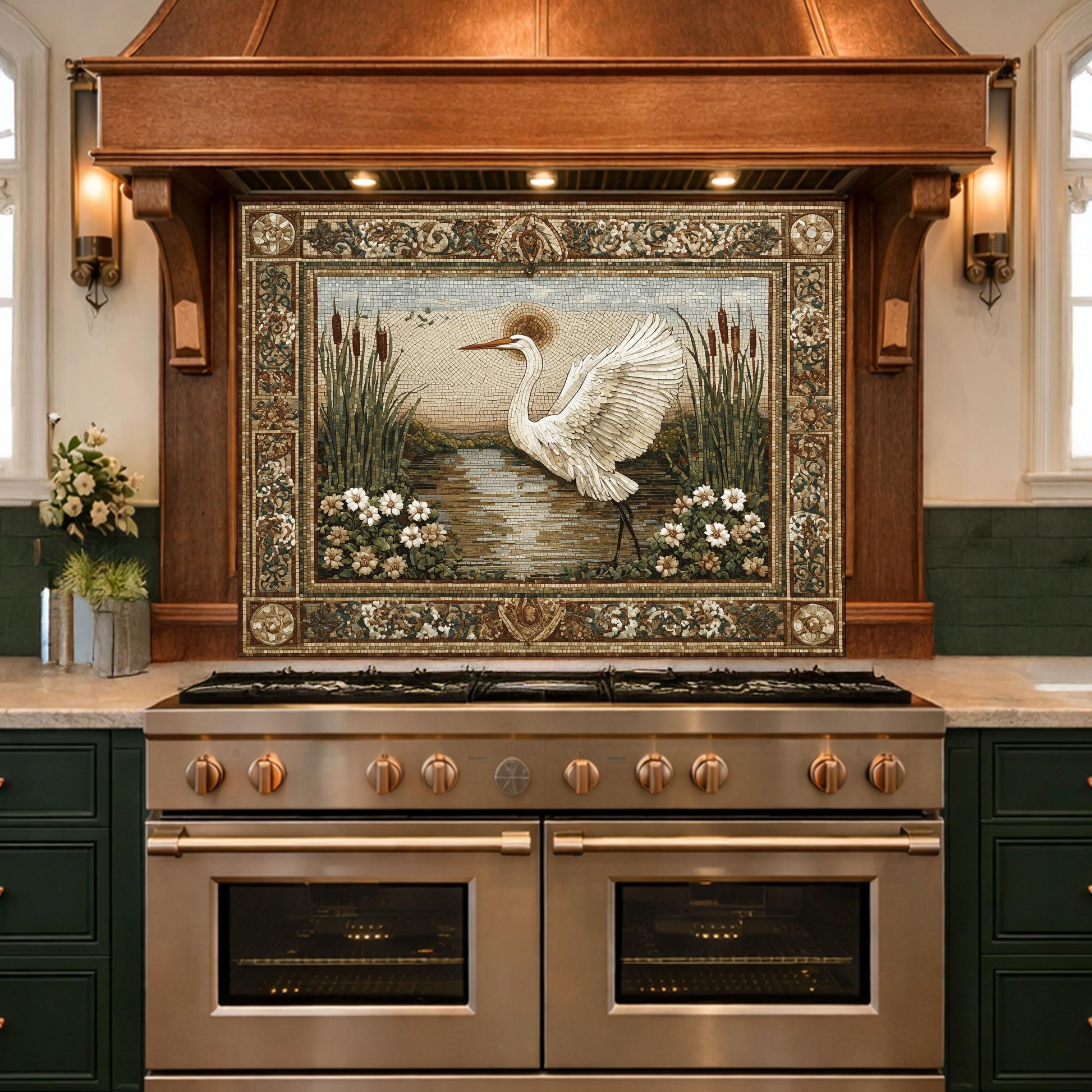 Heron Mosaic Tempered Glass Kitchen Backsplash, Nature Wildlife Decor