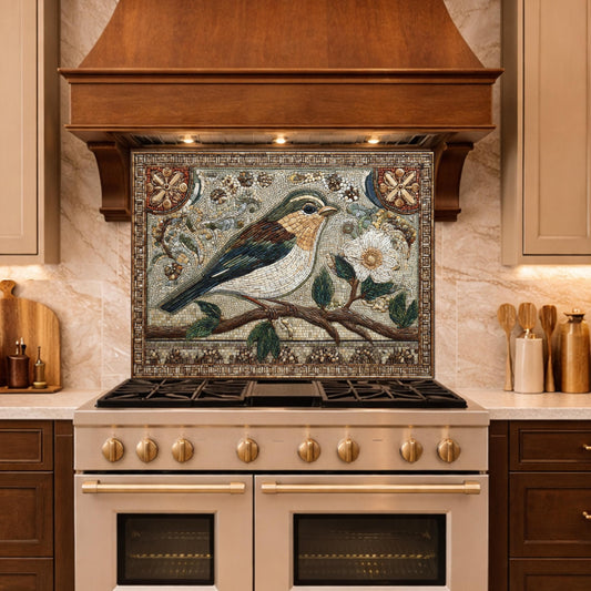 Bird Mosaic Tempered Glass Kitchen Backsplash, Cottage Farmhouse Decor