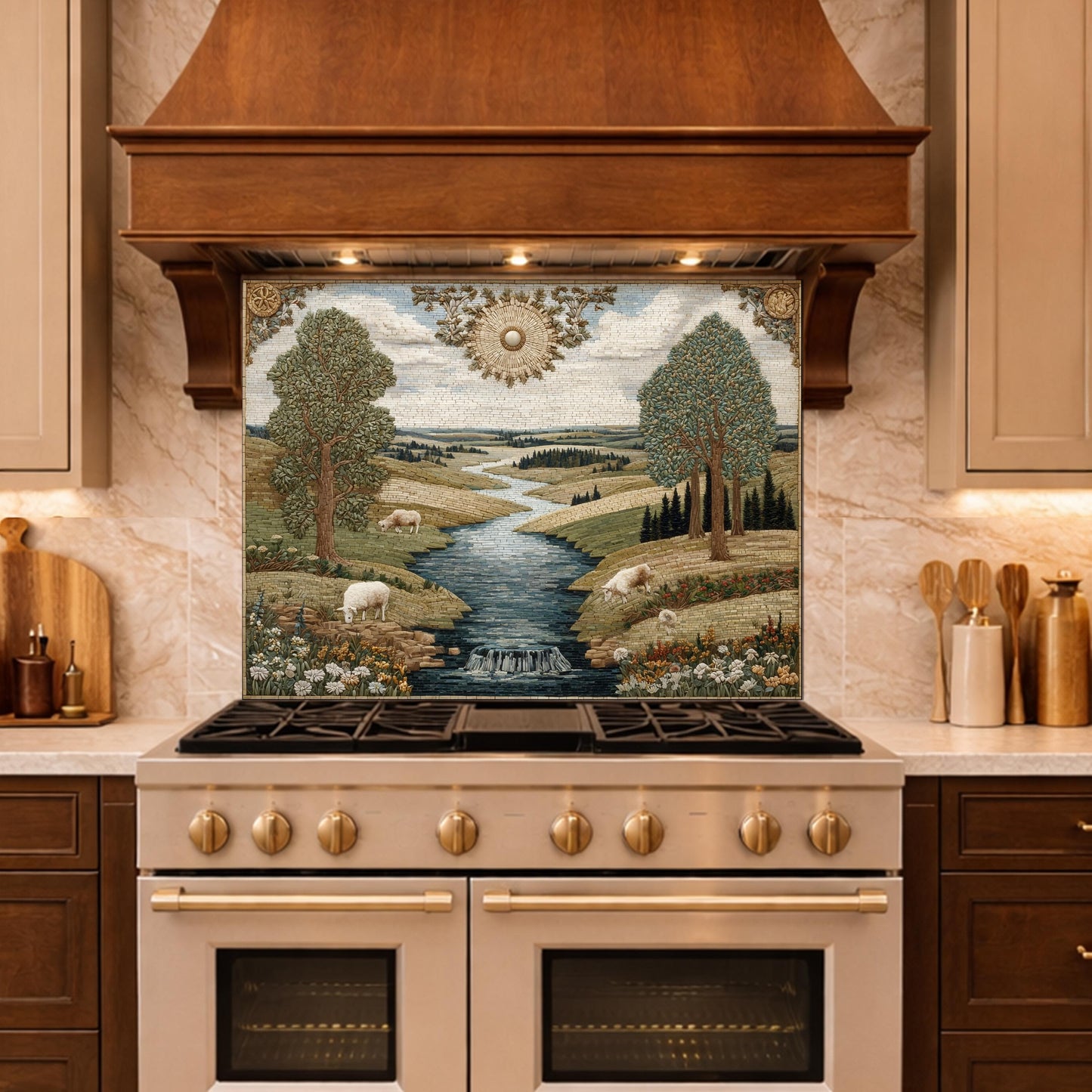 Farmhouse Landscape Tempered Glass Backsplash, Rustic Country Kitchen Decor