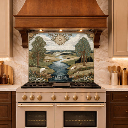 Farmhouse Landscape Tempered Glass Backsplash, Rustic Country Kitchen Decor