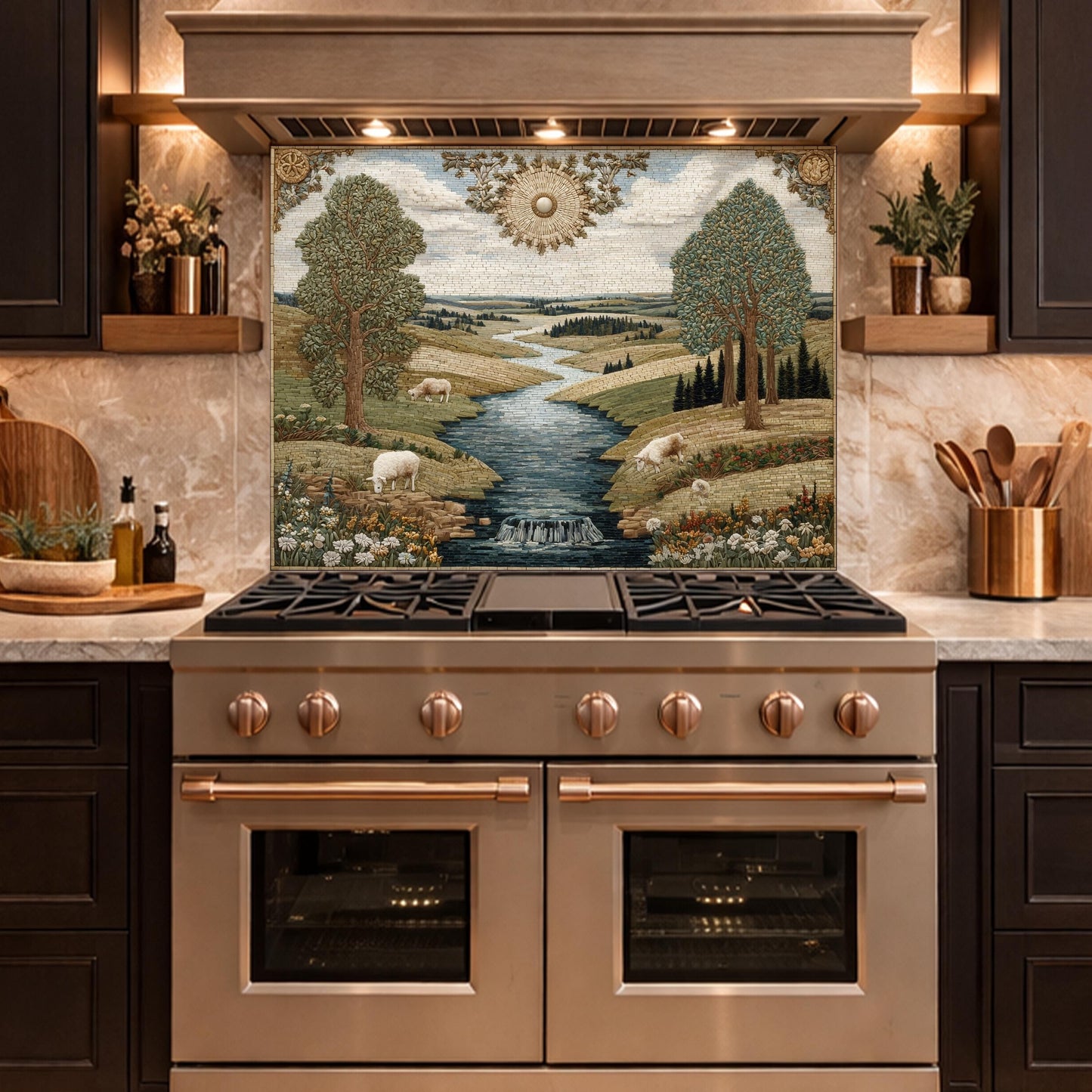 Farmhouse Landscape Tempered Glass Backsplash, Rustic Country Kitchen Decor
