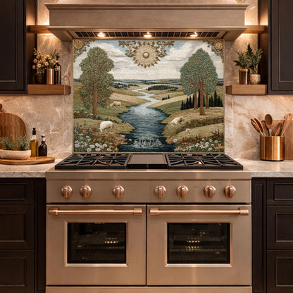 Farmhouse Landscape Tempered Glass Backsplash, Rustic Country Kitchen Decor