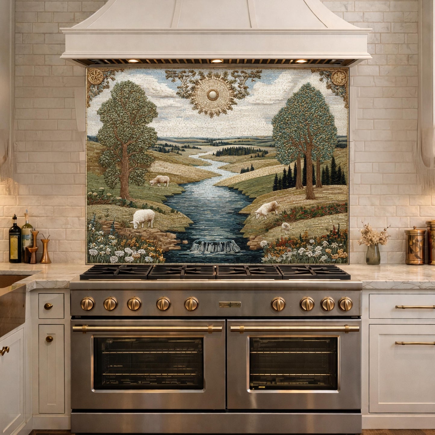 Farmhouse Landscape Tempered Glass Backsplash, Rustic Country Kitchen Decor