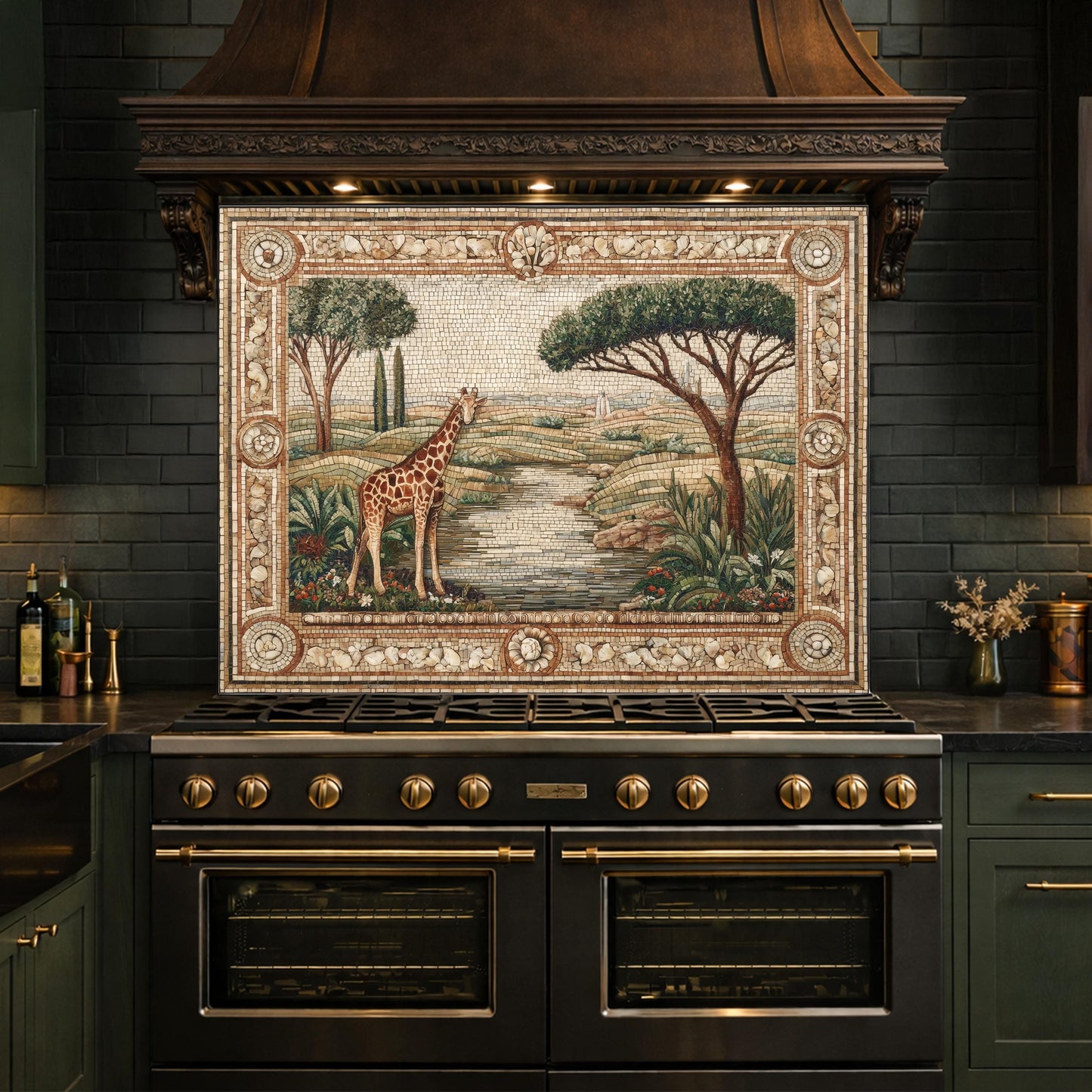 Giraffe Mosaic Tempered Glass Kitchen Backsplash, Safari Wildlife Decor
