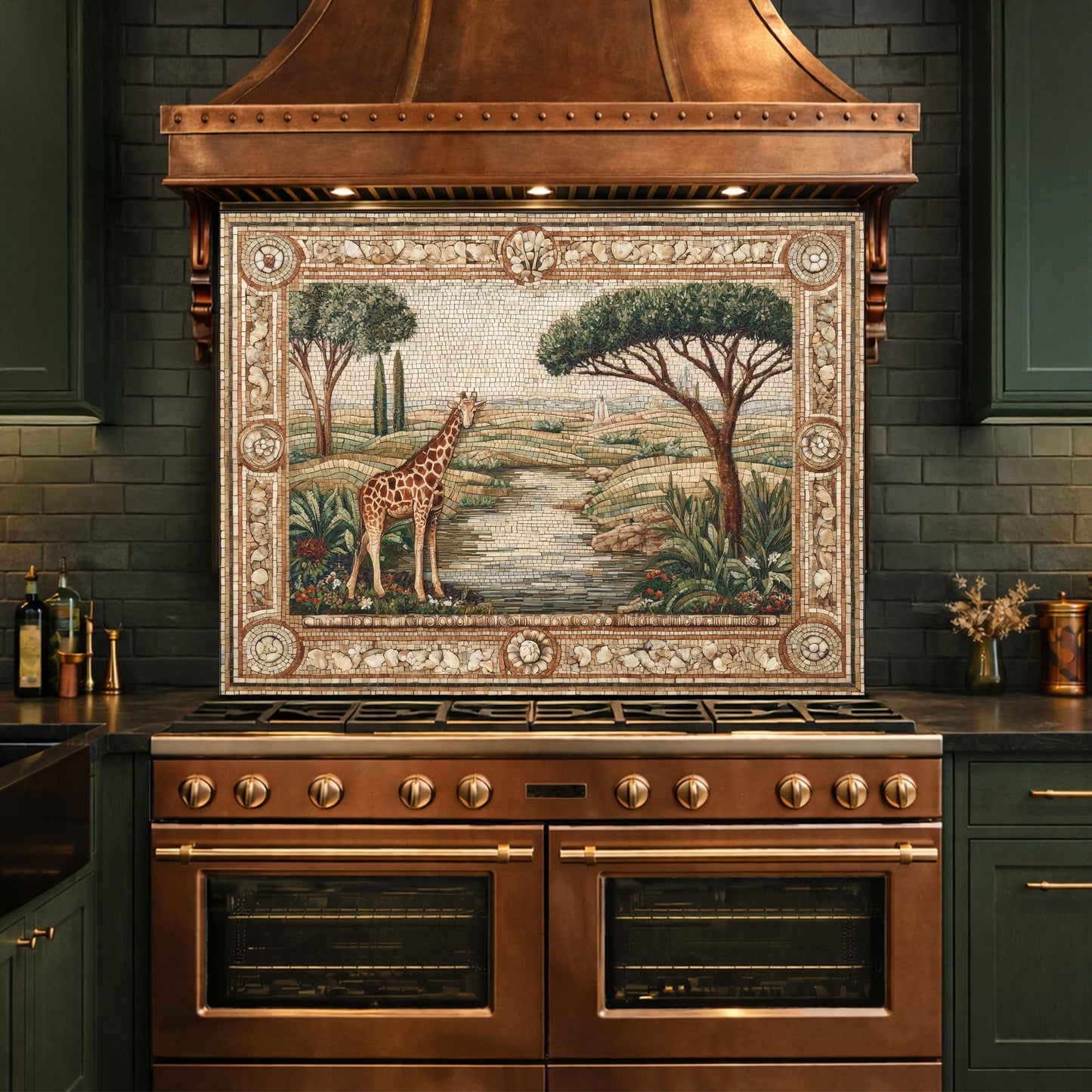 Giraffe Mosaic Tempered Glass Kitchen Backsplash, Safari Wildlife Decor