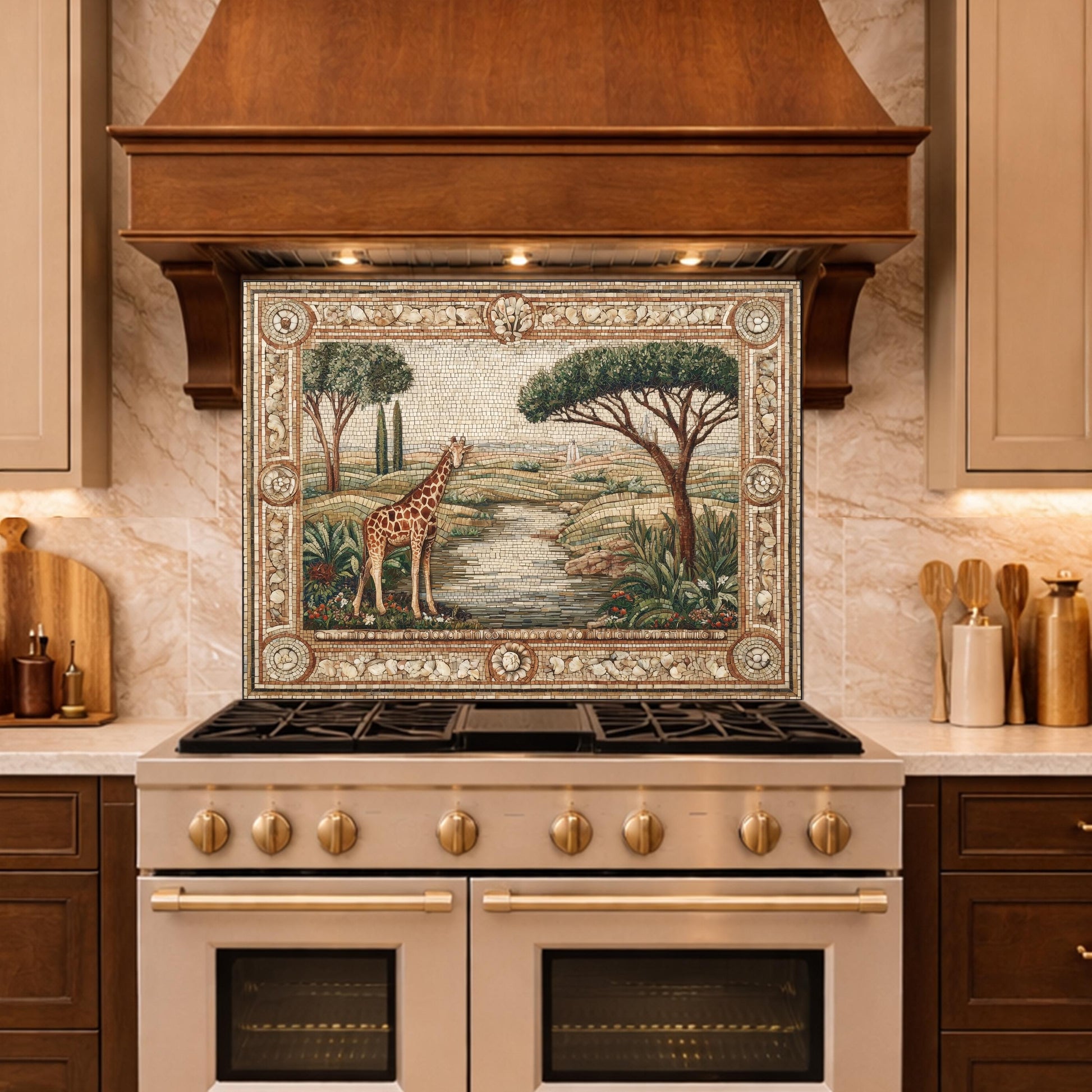 Giraffe Mosaic Tempered Glass Kitchen Backsplash, Safari Wildlife Decor