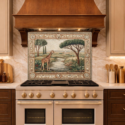 Giraffe Mosaic Tempered Glass Kitchen Backsplash, Safari Wildlife Decor