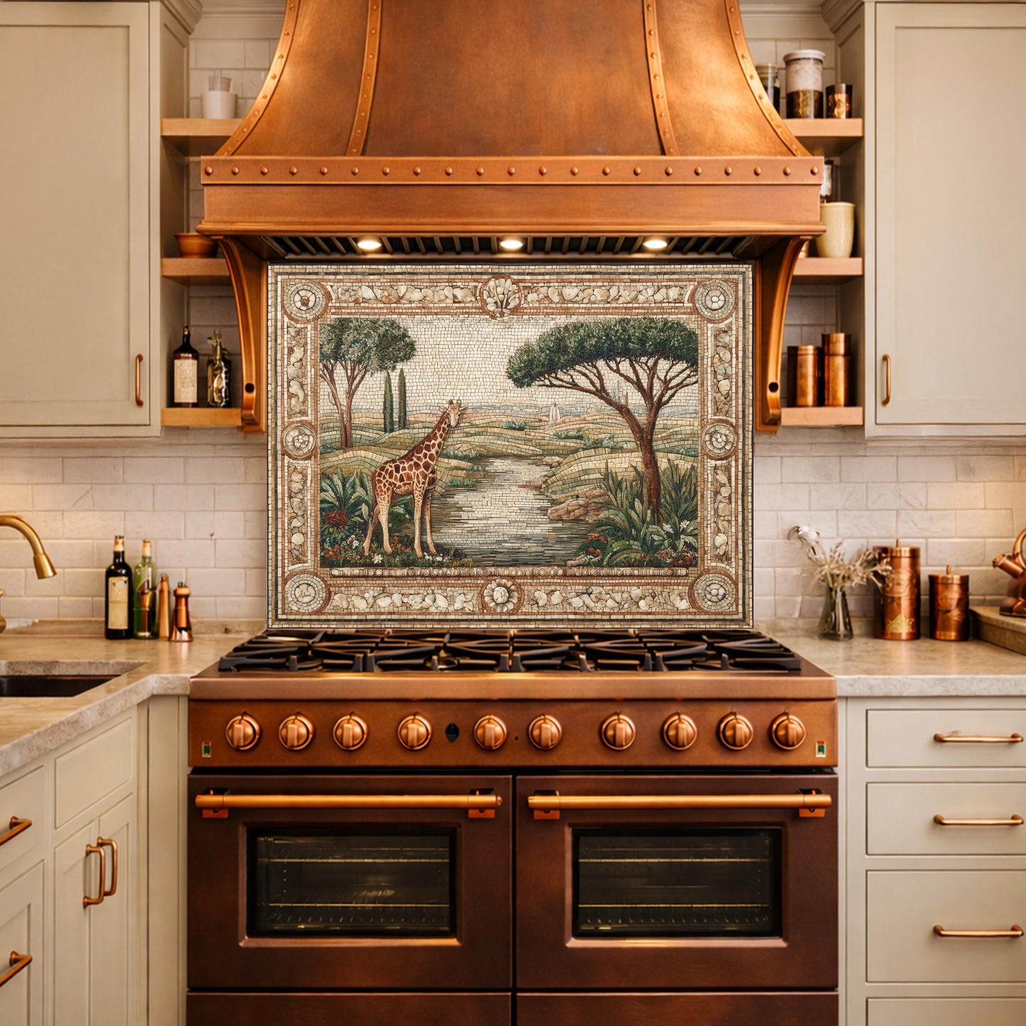 Giraffe Mosaic Tempered Glass Kitchen Backsplash, Safari Wildlife Decor