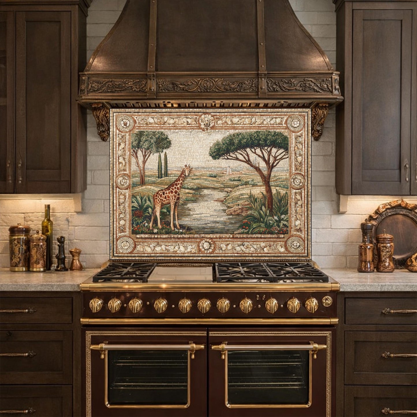 Giraffe Mosaic Tempered Glass Kitchen Backsplash, Safari Wildlife Decor