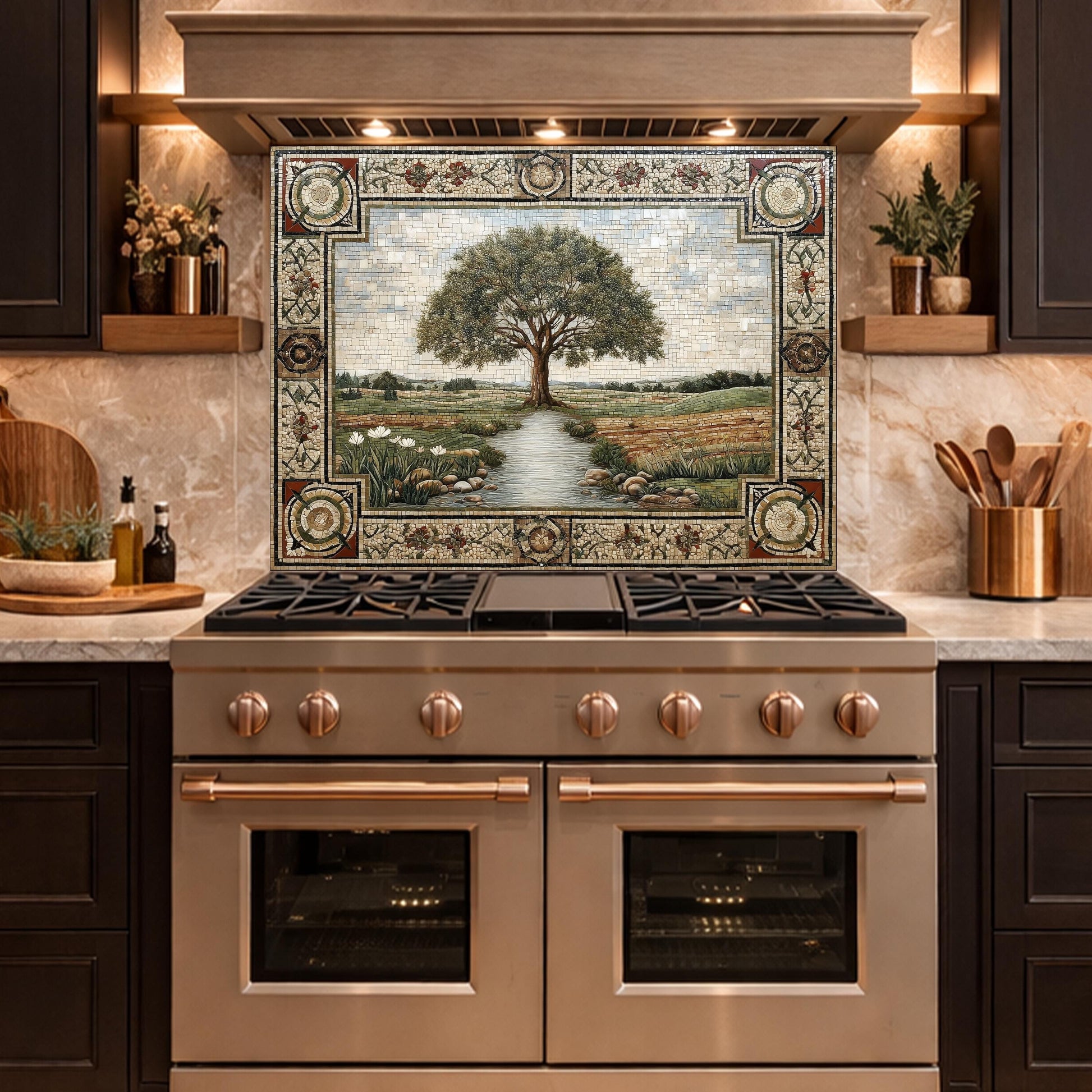 Tempered Glass Tree of Life Kitchen Backsplash, Farmhouse Stove Decor