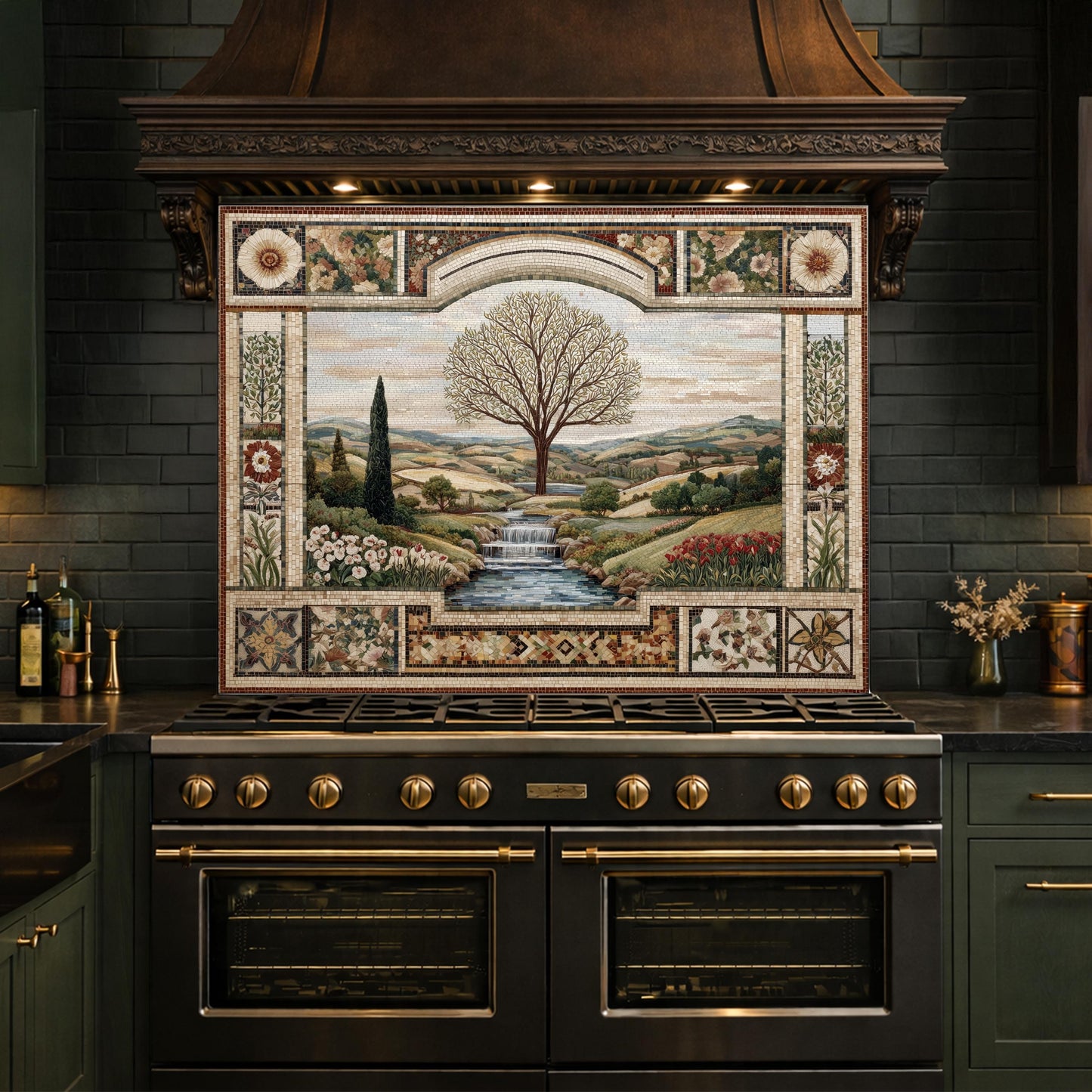 Tempered Glass Tree of Life Kitchen Backsplash, Waterfall Stove Decor