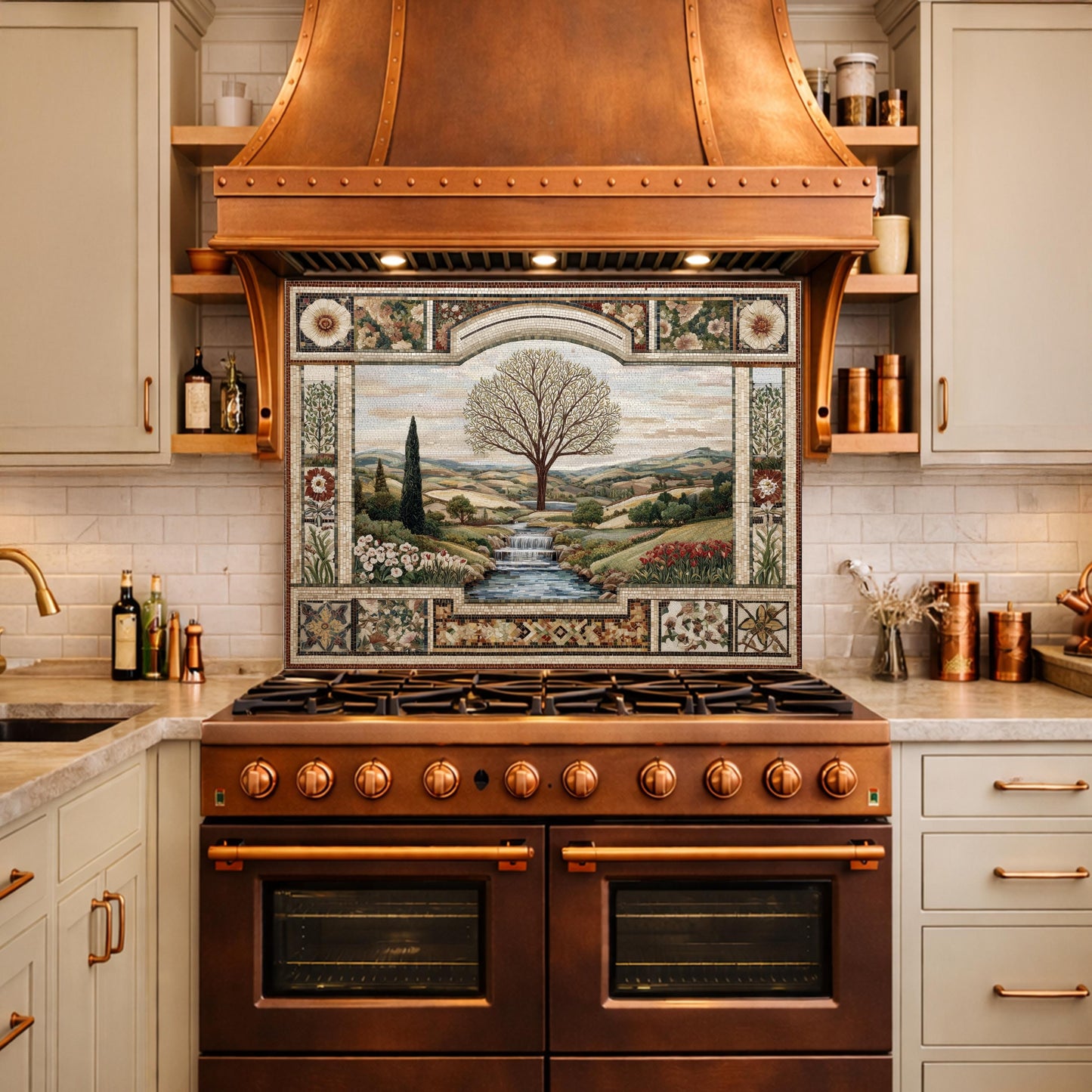 Tempered Glass Tree of Life Kitchen Backsplash, Waterfall Stove Decor
