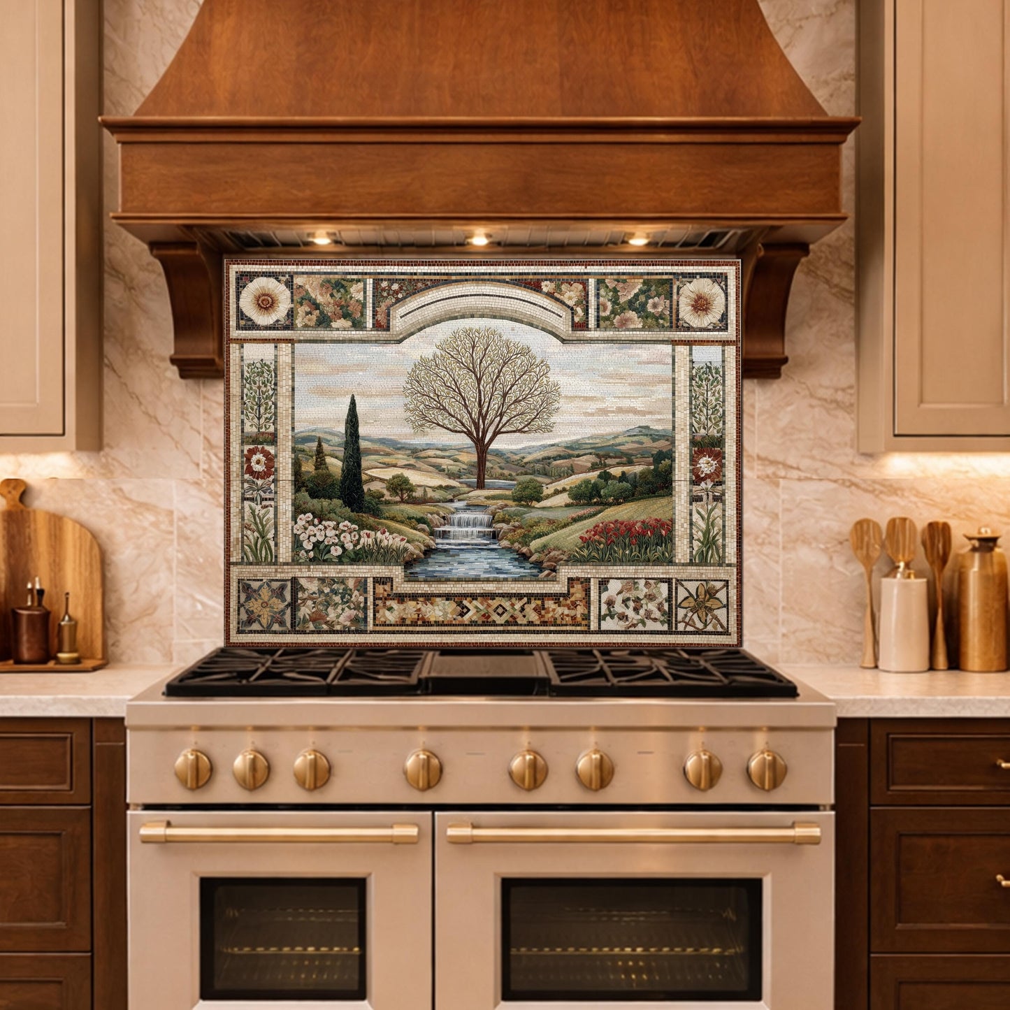 Tempered Glass Tree of Life Kitchen Backsplash, Waterfall Stove Decor