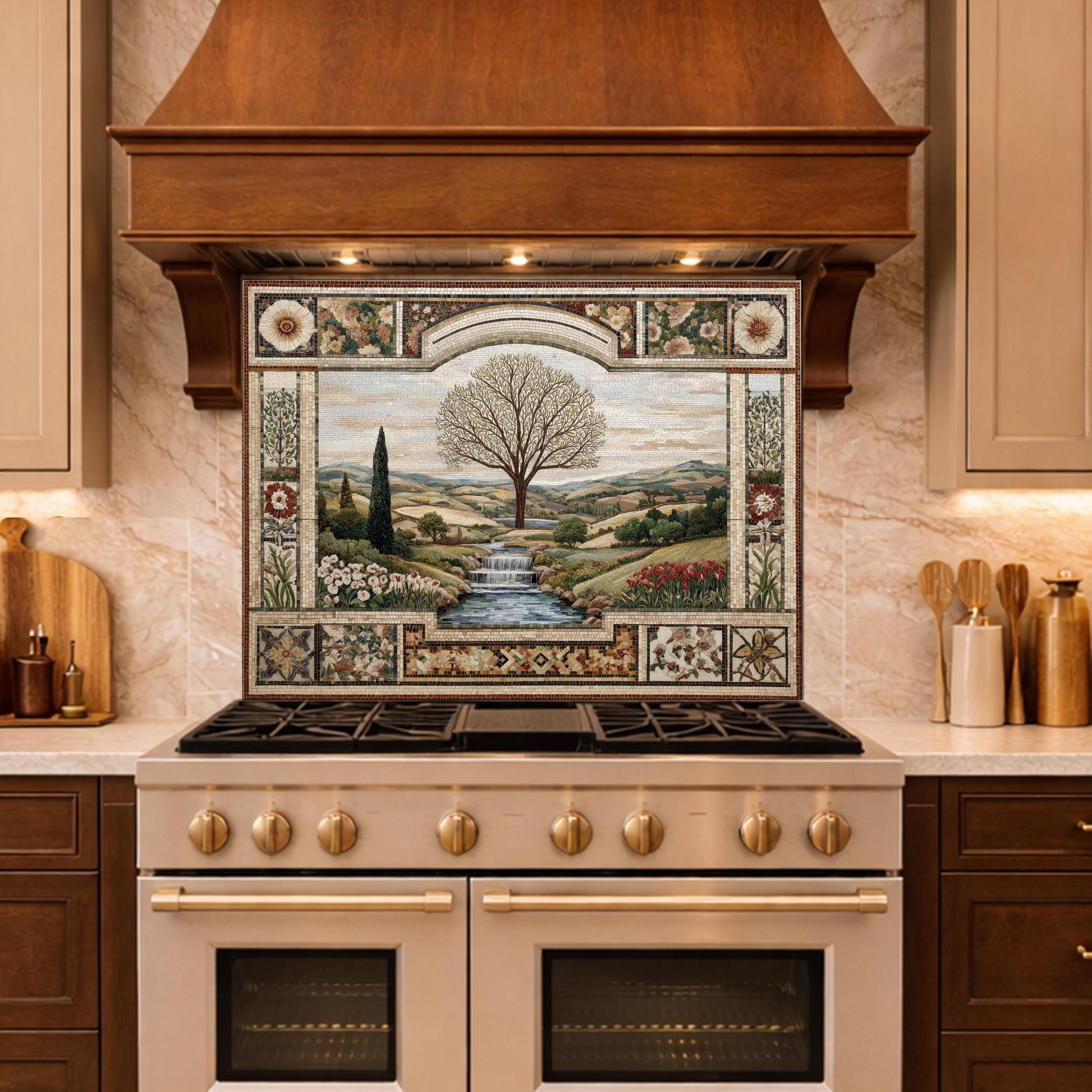 Tempered Glass Tree of Life Kitchen Backsplash, Waterfall Stove Decor