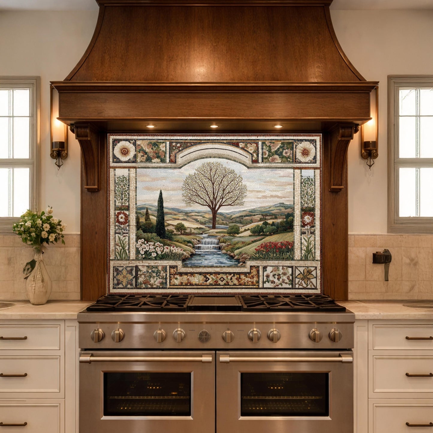 Tempered Glass Tree of Life Kitchen Backsplash, Waterfall Stove Decor