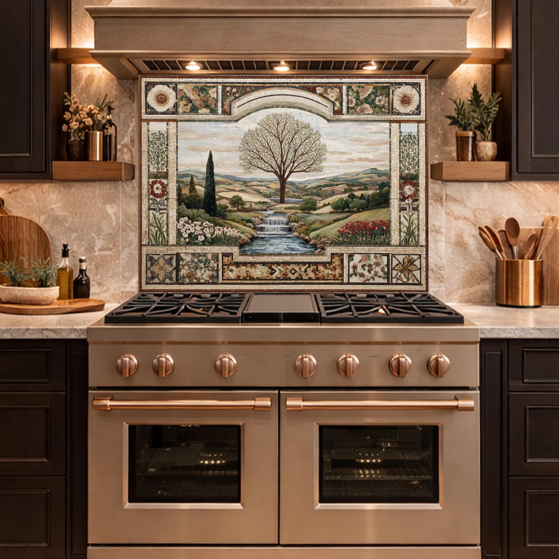 Tempered Glass Tree of Life Kitchen Backsplash, Waterfall Stove Decor