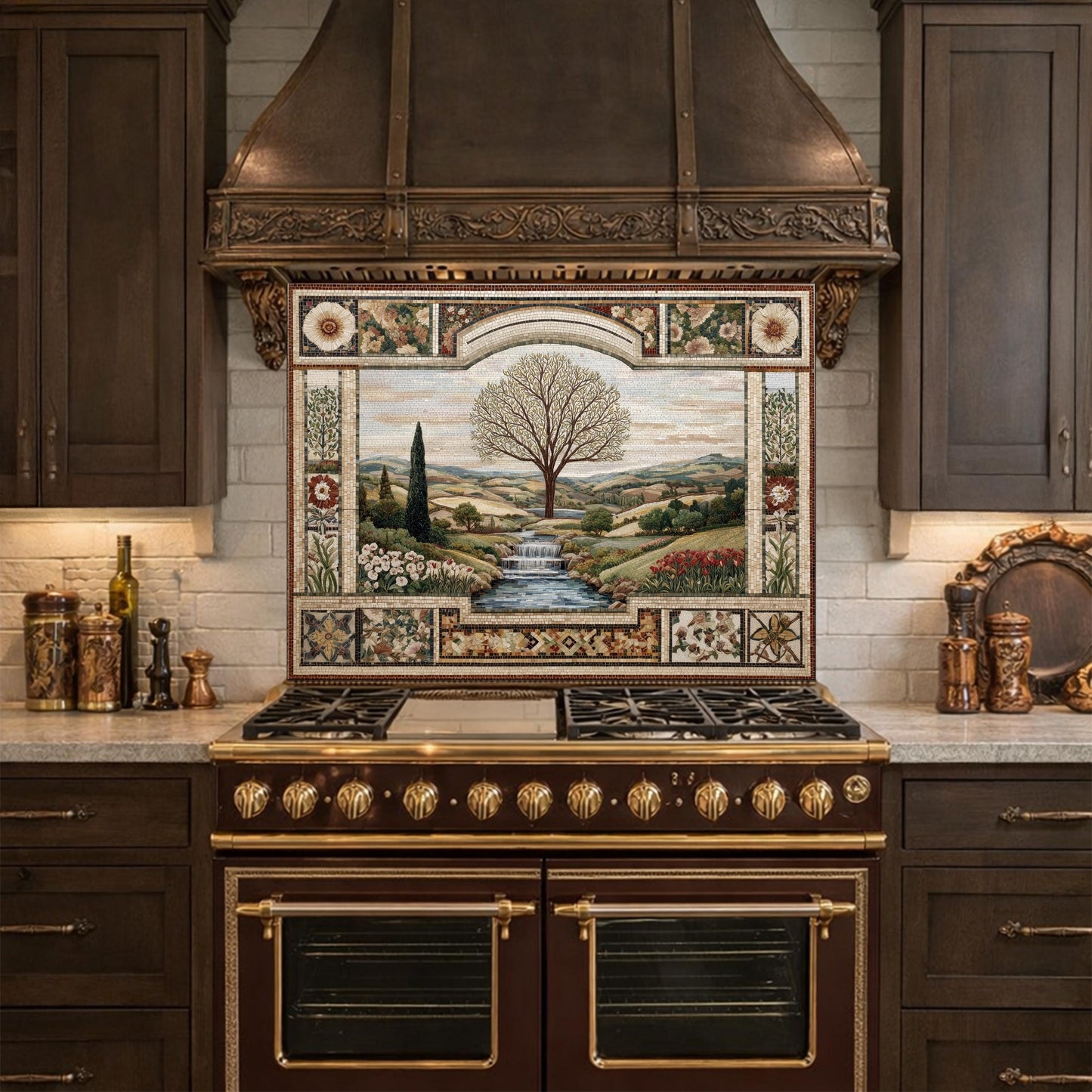Tempered Glass Tree of Life Kitchen Backsplash, Waterfall Stove Decor